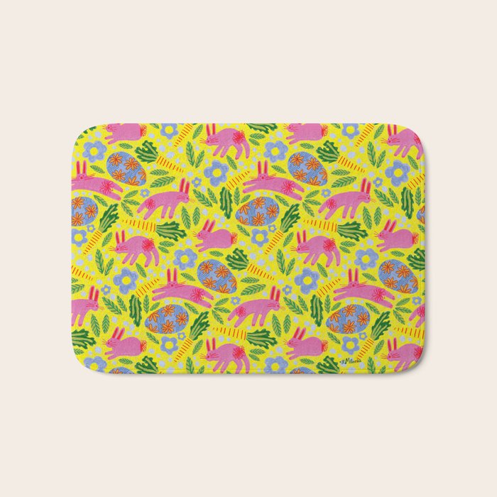 Cute Colorful Rabbits & Decorative Eggs in Yellow & Pink Bath Mat Gallery Image 1