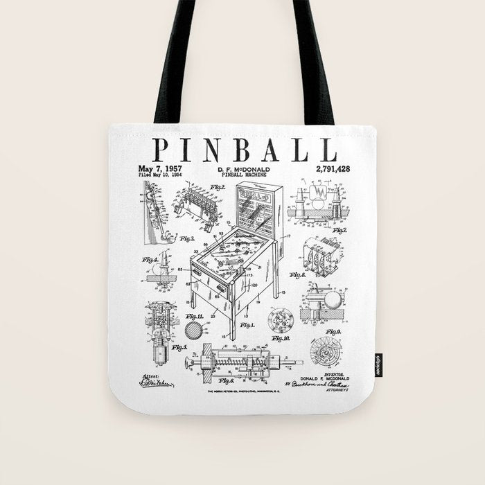 Pinball Arcade Gaming Machine Vintage Gamer Patent Print Tote Bag Gallery Image 1