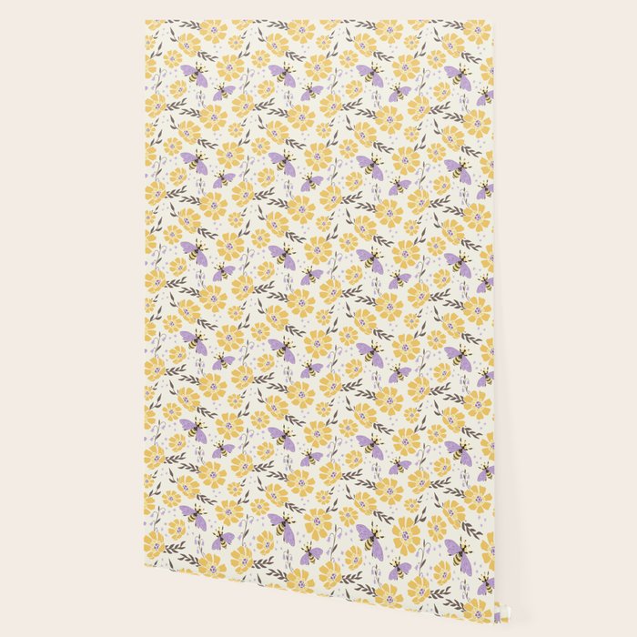Honey Bees and Flowers - Yellow and Lavender Purple Wallpaper Gallery Image 2