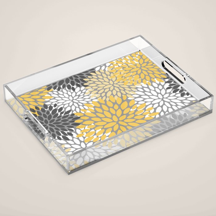 Modern Elegant Chic Floral Pattern, Soft Yellow, Gray, White Acrylic Tray Gallery Image 1