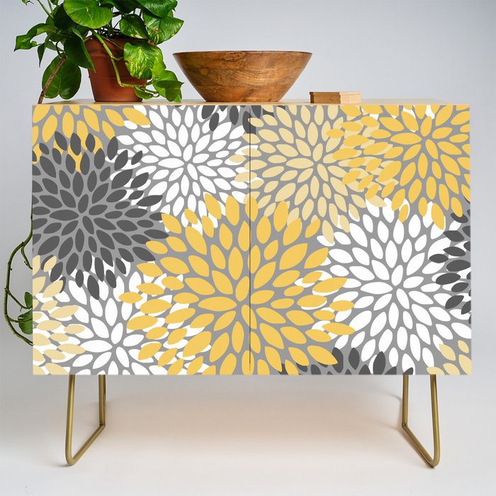 Modern Elegant Chic Floral Pattern, Soft Yellow, Gray, White Credenza Gallery Image 1