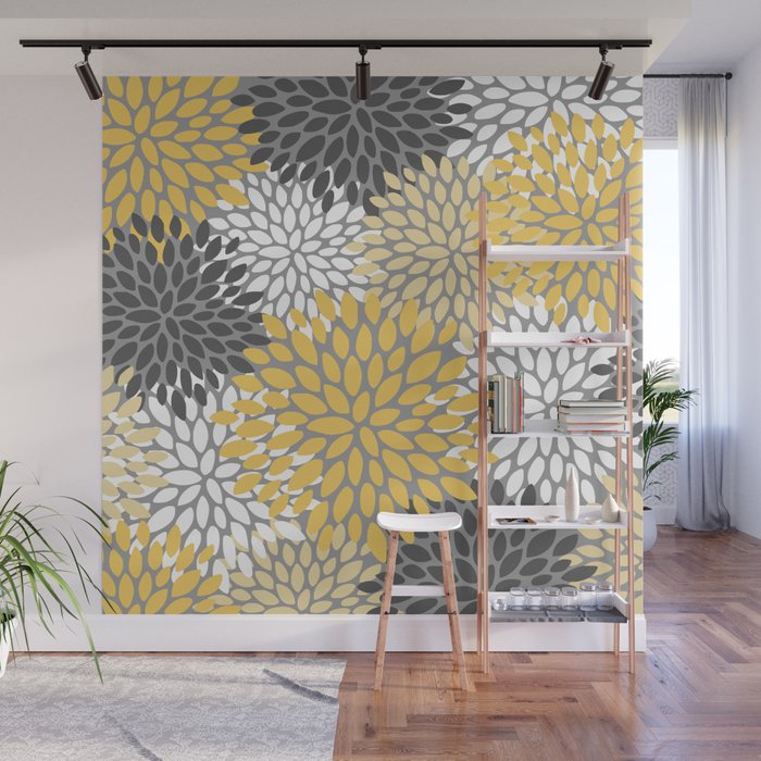 Modern Elegant Chic Floral Pattern, Soft Yellow, Gray, White Wall Mural Gallery Image 1