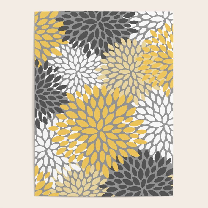Modern Elegant Chic Floral Pattern, Soft Yellow, Gray, White Poster Gallery Image 1