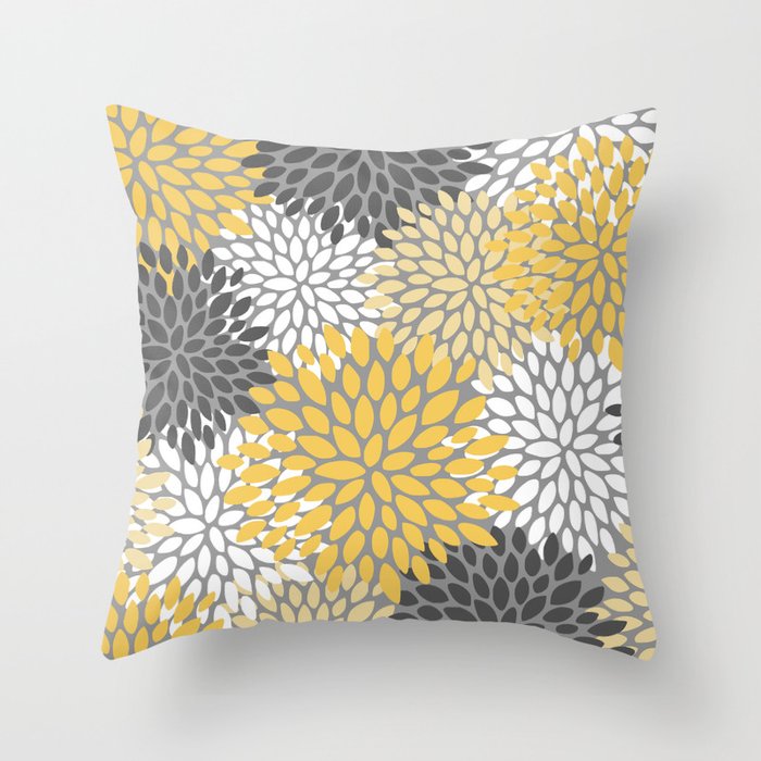 Modern Elegant Chic Floral Pattern, Soft Yellow, Gray, White Throw Pillow Gallery Image 6