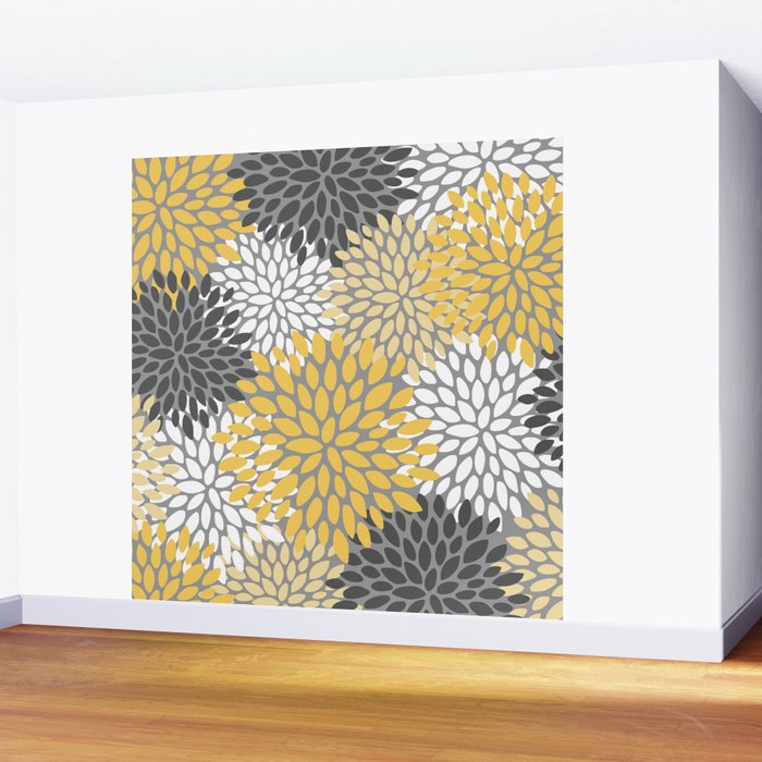 Modern Elegant Chic Floral Pattern, Soft Yellow, Gray, White Wall Mural Gallery Image 2
