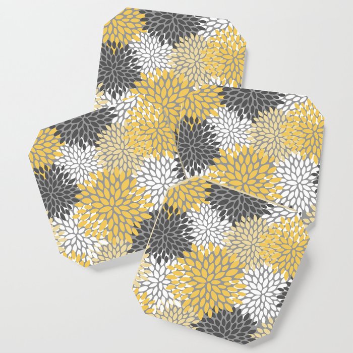 Modern Elegant Chic Floral Pattern, Soft Yellow, Gray, White Coaster Gallery Image 1