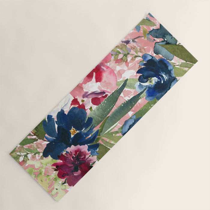 Watercolor pink navy blue burgundy mint floral Yoga Mat Gallery Image 1