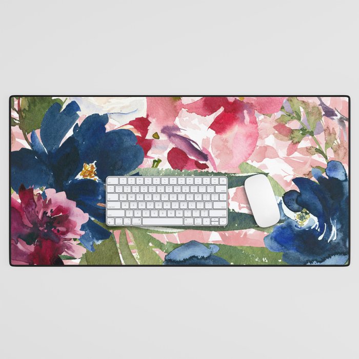 Watercolor pink navy blue burgundy mint floral Desk Mat Gallery Image 1