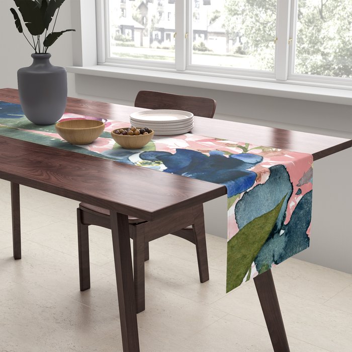Watercolor pink navy blue burgundy mint floral Table Runner Gallery Image 2