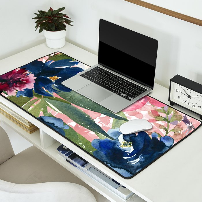 Watercolor pink navy blue burgundy mint floral Desk Mat Gallery Image 2