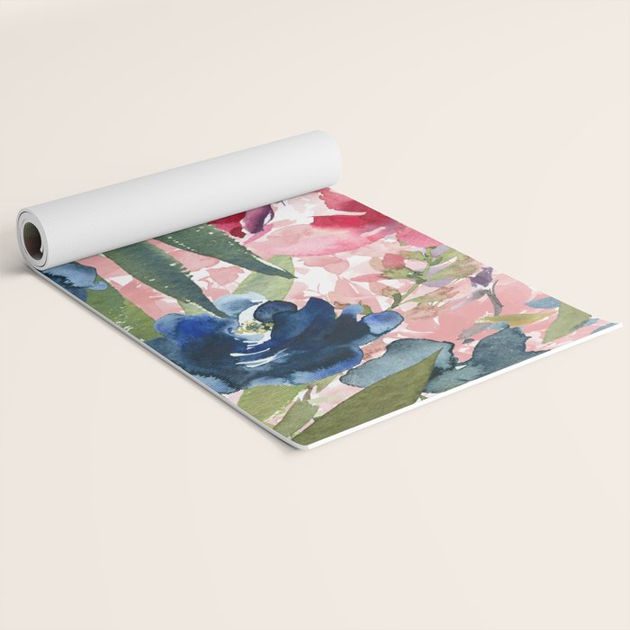 Watercolor pink navy blue burgundy mint floral Yoga Mat Gallery Image 2