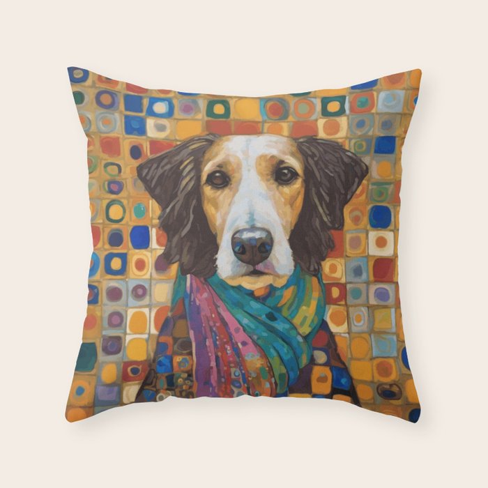 Gustav Klimt Style Dog with Colorful Scarf Throw Pillow Gallery Image 6