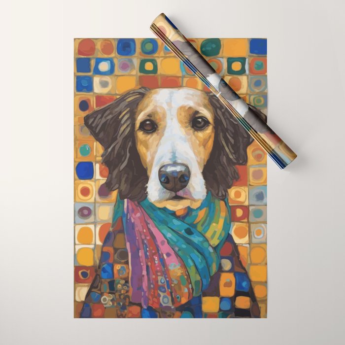 Gustav Klimt Style Dog with Colorful Scarf Wrapping Paper Gallery Image 1