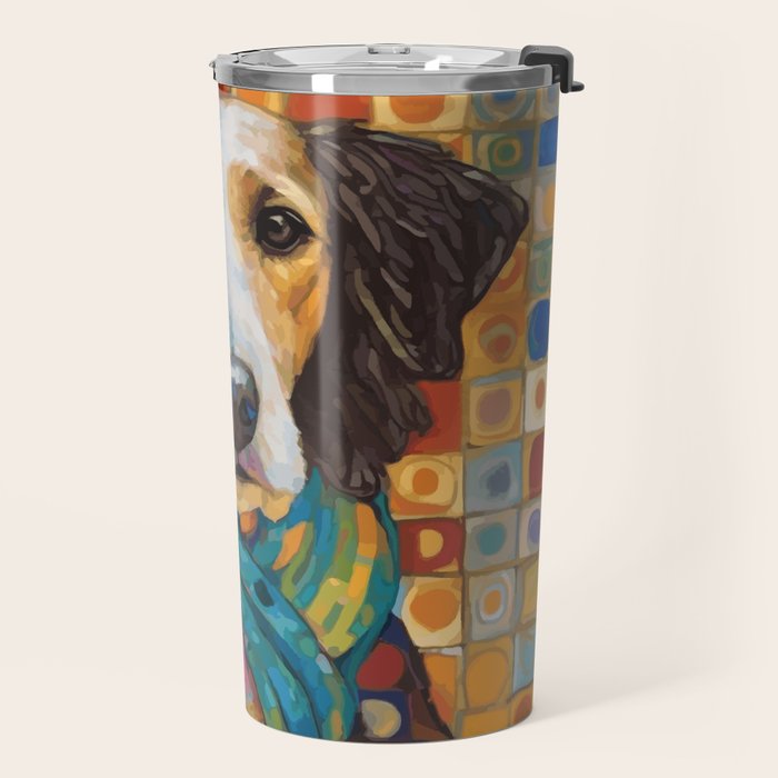 Gustav Klimt Style Dog with Colorful Scarf Travel Mug Gallery Image 2