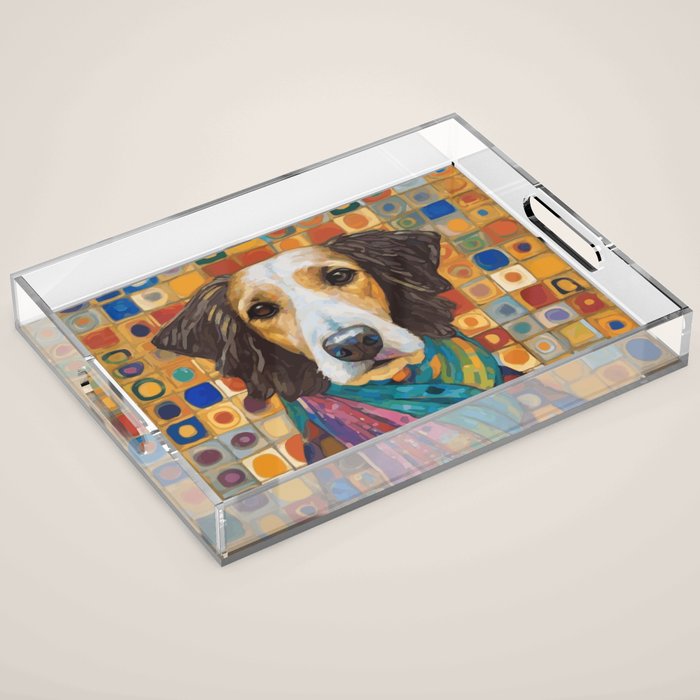 Gustav Klimt Style Dog with Colorful Scarf Acrylic Tray Gallery Image 1