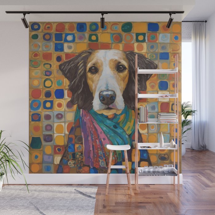 Gustav Klimt Style Dog with Colorful Scarf Wall Mural Gallery Image 1