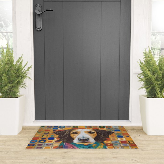 Gustav Klimt Style Dog with Colorful Scarf Welcome Mat Gallery Image 3
