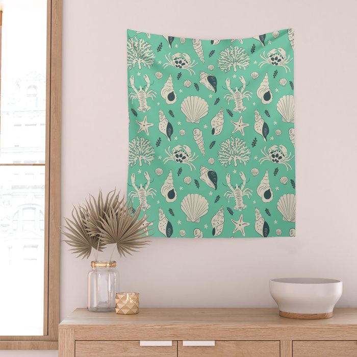 Ocean Crustaceans And Nautical Seashells Wall Tapestry Gallery Image 2