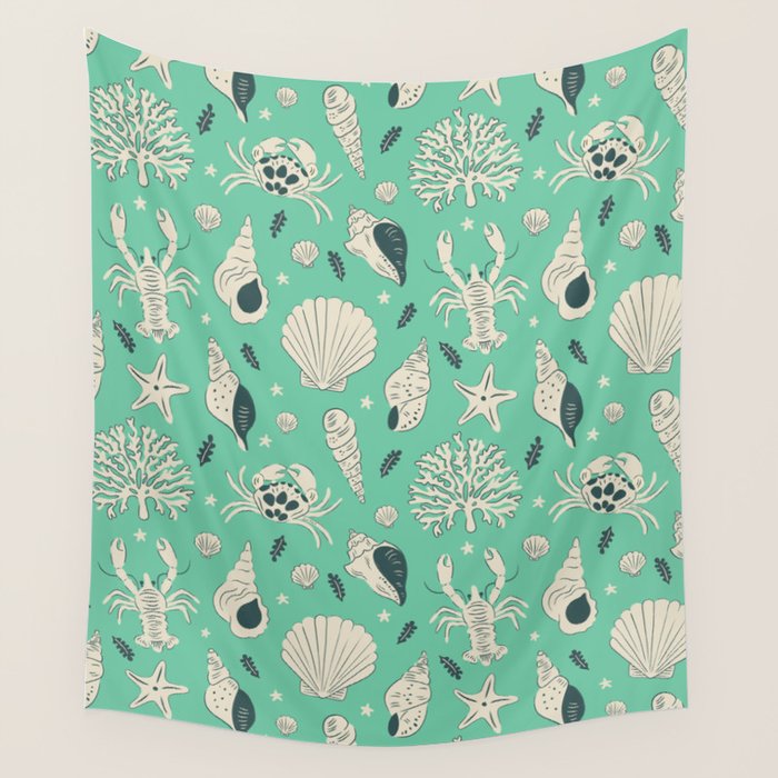 Ocean Crustaceans And Nautical Seashells Wall Tapestry Gallery Image 4
