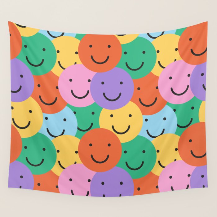 Colorful happy smiling face pattern Wall Tapestry Gallery Image 4