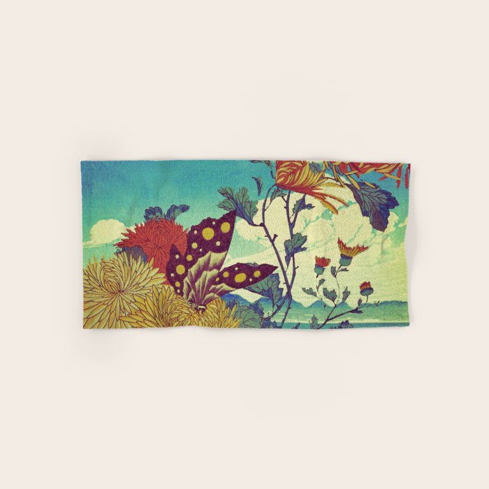 Ocean Behind Flowers at Zijhin  - Nature Ukiyo Landscape in Nature Ukiyo Landscape in Blue, Yellow, Gold, Green, Red and Orange Bath Towel Gallery Image 1