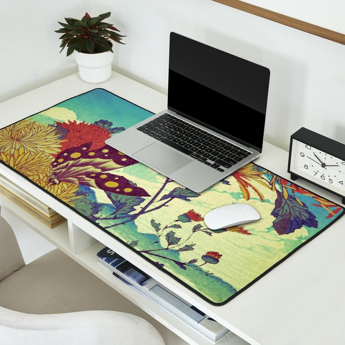 Ocean Behind Flowers at Zijhin  - Nature Ukiyo Landscape in Nature Ukiyo Landscape in Blue, Yellow, Gold, Green, Red and Orange Desk Mat Gallery Image 2