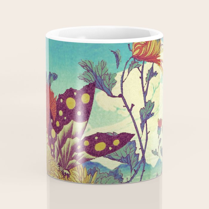 Ocean Behind Flowers at Zijhin  - Nature Ukiyo Landscape in Nature Ukiyo Landscape in Blue, Yellow, Gold, Green, Red and Orange Coffee Mug Gallery Image 4