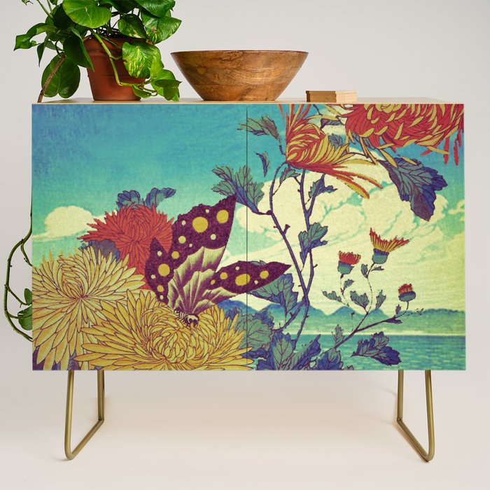 Ocean Behind Flowers at Zijhin  - Nature Ukiyo Landscape in Nature Ukiyo Landscape in Blue, Yellow, Gold, Green, Red and Orange Credenza Gallery Image 1