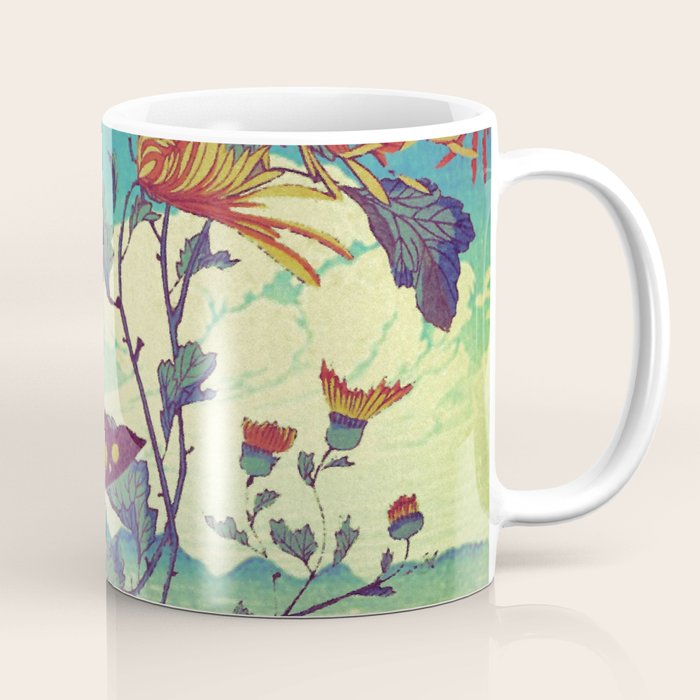Ocean Behind Flowers at Zijhin  - Nature Ukiyo Landscape in Nature Ukiyo Landscape in Blue, Yellow, Gold, Green, Red and Orange Coffee Mug Gallery Image 1