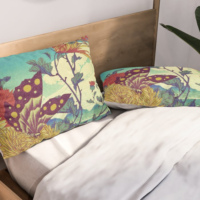 Ocean Behind Flowers at Zijhin  - Nature Ukiyo Landscape in Nature Ukiyo Landscape in Blue, Yellow, Gold, Green, Red and Orange Pillow Sham Gallery Image 2