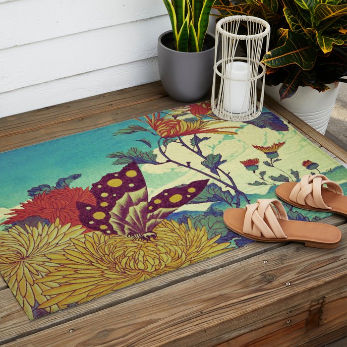 Ocean Behind Flowers at Zijhin  - Nature Ukiyo Landscape in Nature Ukiyo Landscape in Blue, Yellow, Gold, Green, Red and Orange Outdoor Rug Gallery Image 2