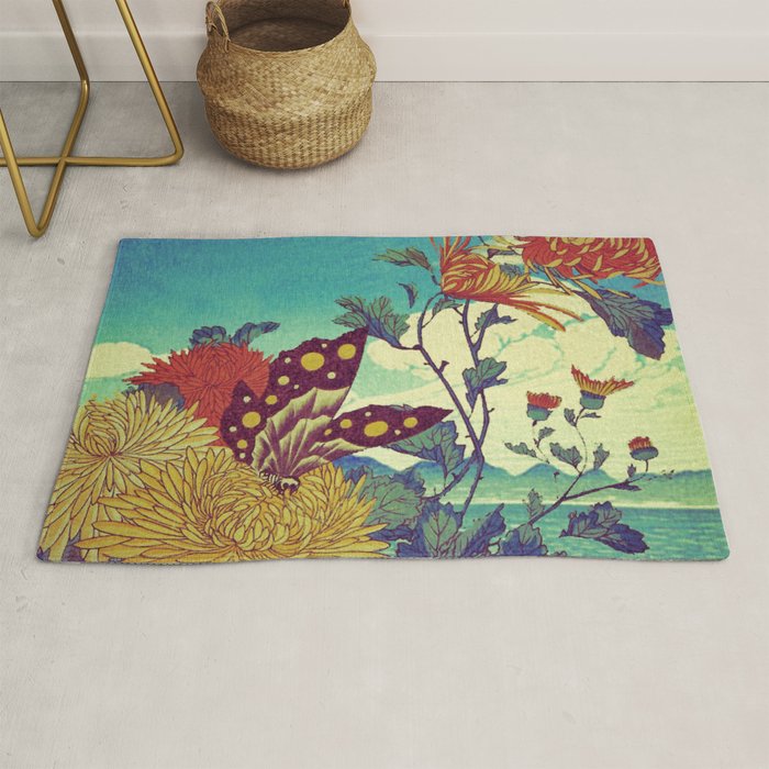 Ocean Behind Flowers at Zijhin  - Nature Ukiyo Landscape in Nature Ukiyo Landscape in Blue, Yellow, Gold, Green, Red and Orange Rug Gallery Image 1