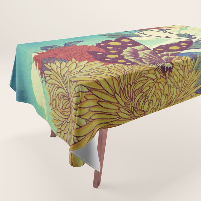 Ocean Behind Flowers at Zijhin  - Nature Ukiyo Landscape in Nature Ukiyo Landscape in Blue, Yellow, Gold, Green, Red and Orange Tablecloth Gallery Image 1
