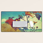 Ocean Behind Flowers at Zijhin  - Nature Ukiyo Landscape in Nature Ukiyo Landscape in Blue, Yellow, Gold, Green, Red and Orange Desk Mat Gallery Image 1