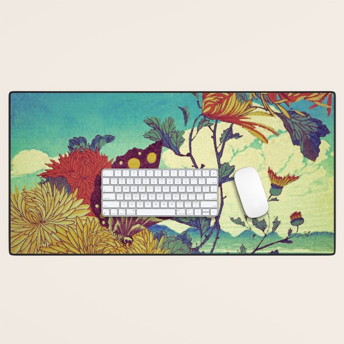 Ocean Behind Flowers at Zijhin  - Nature Ukiyo Landscape in Nature Ukiyo Landscape in Blue, Yellow, Gold, Green, Red and Orange Desk Mat Gallery Image 1