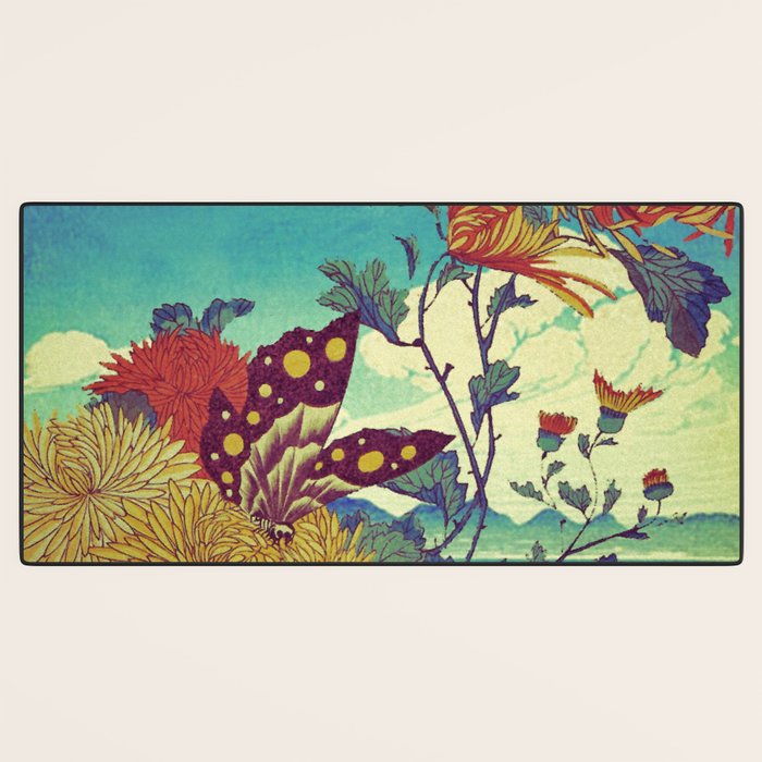 Ocean Behind Flowers at Zijhin  - Nature Ukiyo Landscape in Nature Ukiyo Landscape in Blue, Yellow, Gold, Green, Red and Orange Desk Mat Gallery Image 3