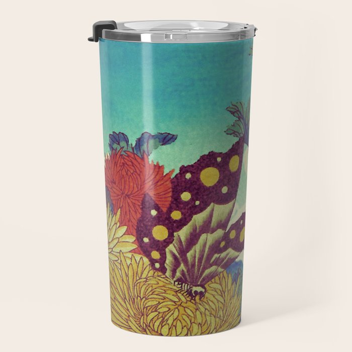 Ocean Behind Flowers at Zijhin  - Nature Ukiyo Landscape in Nature Ukiyo Landscape in Blue, Yellow, Gold, Green, Red and Orange Travel Mug Gallery Image 3