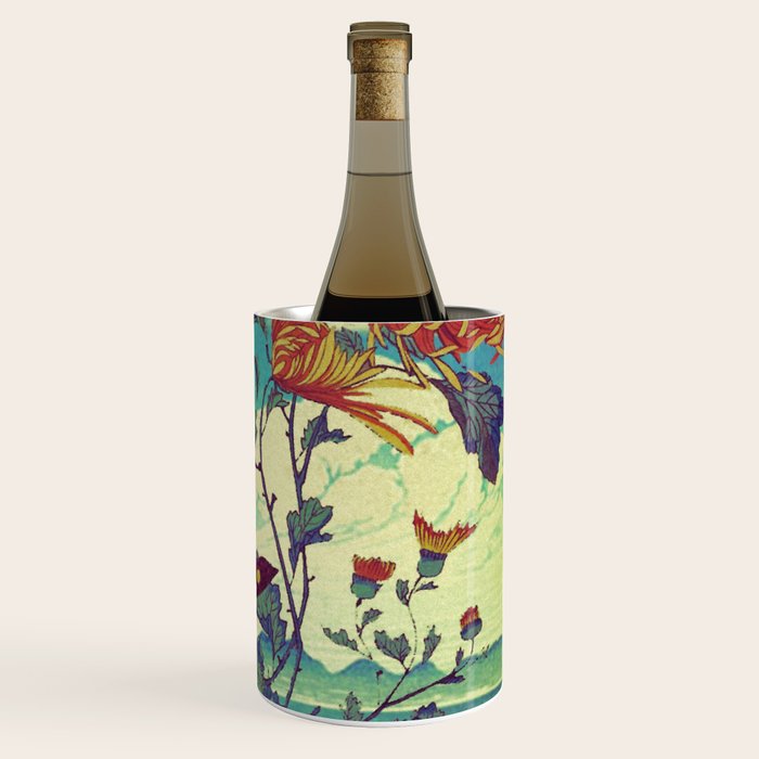 Ocean Behind Flowers at Zijhin  - Nature Ukiyo Landscape in Nature Ukiyo Landscape in Blue, Yellow, Gold, Green, Red and Orange Wine Chiller Gallery Image 3