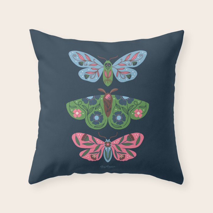 Folk Floral Moths and Butterflies Blue Throw Pillow Gallery Image 1
