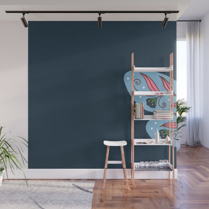 Folk Floral Moths and Butterflies Blue Wall Mural Gallery Image 1