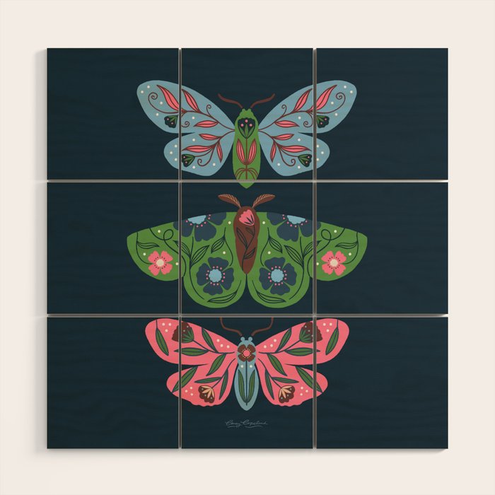 Folk Floral Moths and Butterflies Blue Wood Wall Art Gallery Image 1