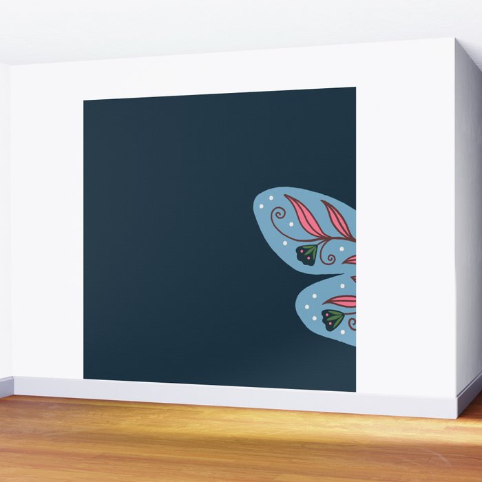 Folk Floral Moths and Butterflies Blue Wall Mural Gallery Image 2