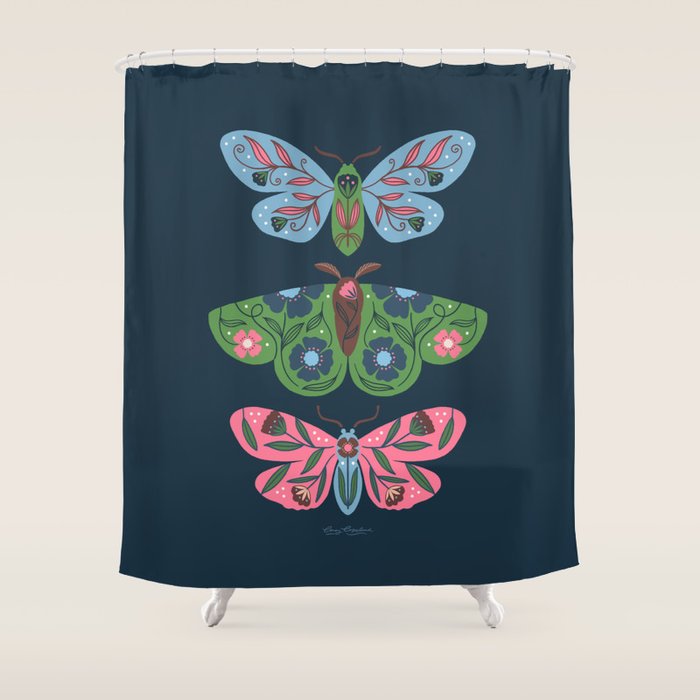 Folk Floral Moths and Butterflies Blue Shower Curtain Gallery Image 1