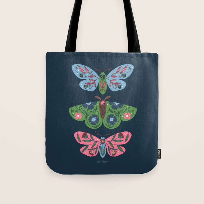 Folk Floral Moths and Butterflies Blue Tote Bag Gallery Image 1