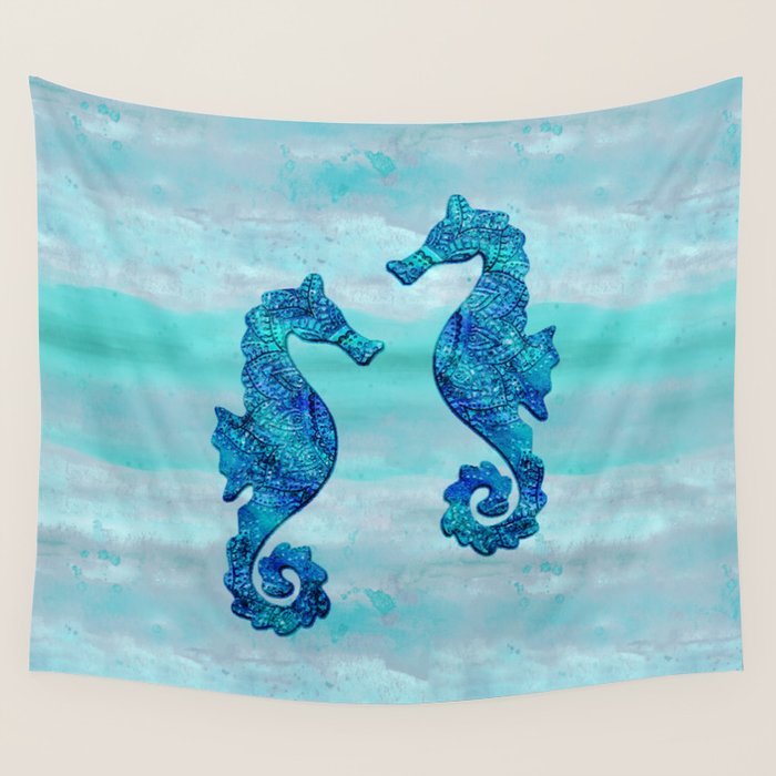 Blue Seahorse Couple Underwater Wall Tapestry Gallery Image 4