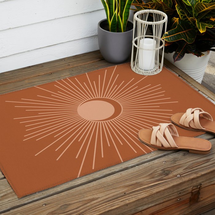 Sun and Moon Minimalist Sunburst in Terracotta Earth Tones Outdoor Rug Gallery Image 2