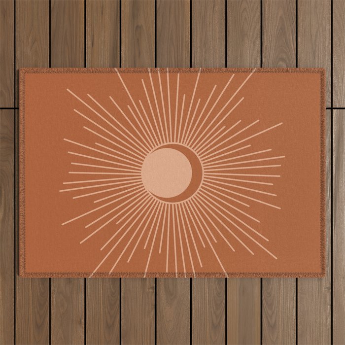 Sun and Moon Minimalist Sunburst in Terracotta Earth Tones Outdoor Rug Gallery Image 1