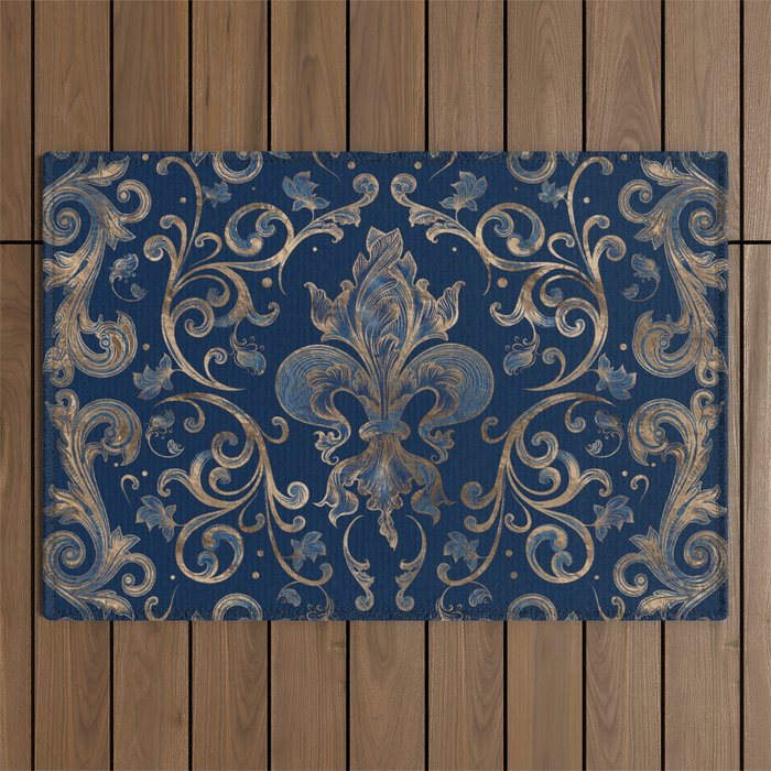 Fleur-de-lis ornament Blue Marble and Gold Outdoor Rug Gallery Image 1