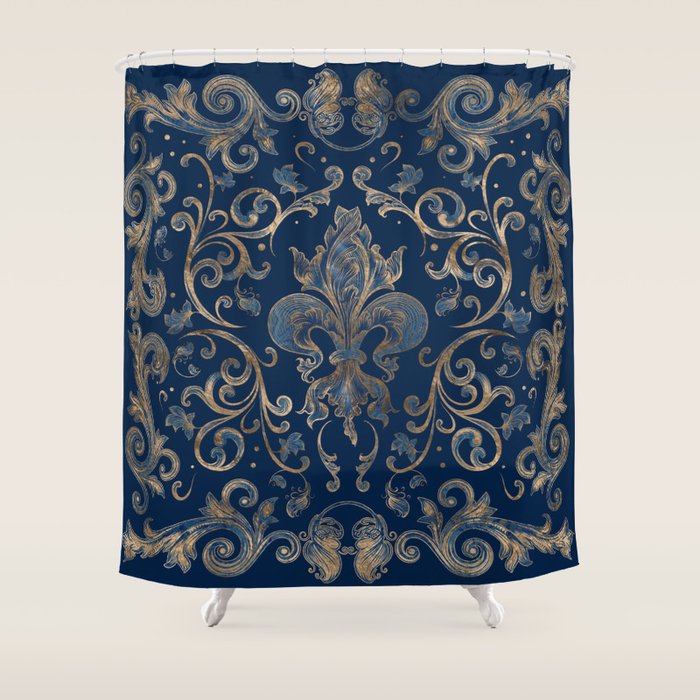 Fleur-de-lis ornament Blue Marble and Gold Shower Curtain Gallery Image 1