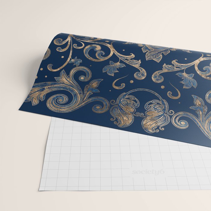 Fleur-de-lis ornament Blue Marble and Gold Wrapping Paper Gallery Image 2